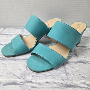 Sole Society Turquiose Helina Slide Mule Sandal Leather Upper Block Heel 8.5M 39